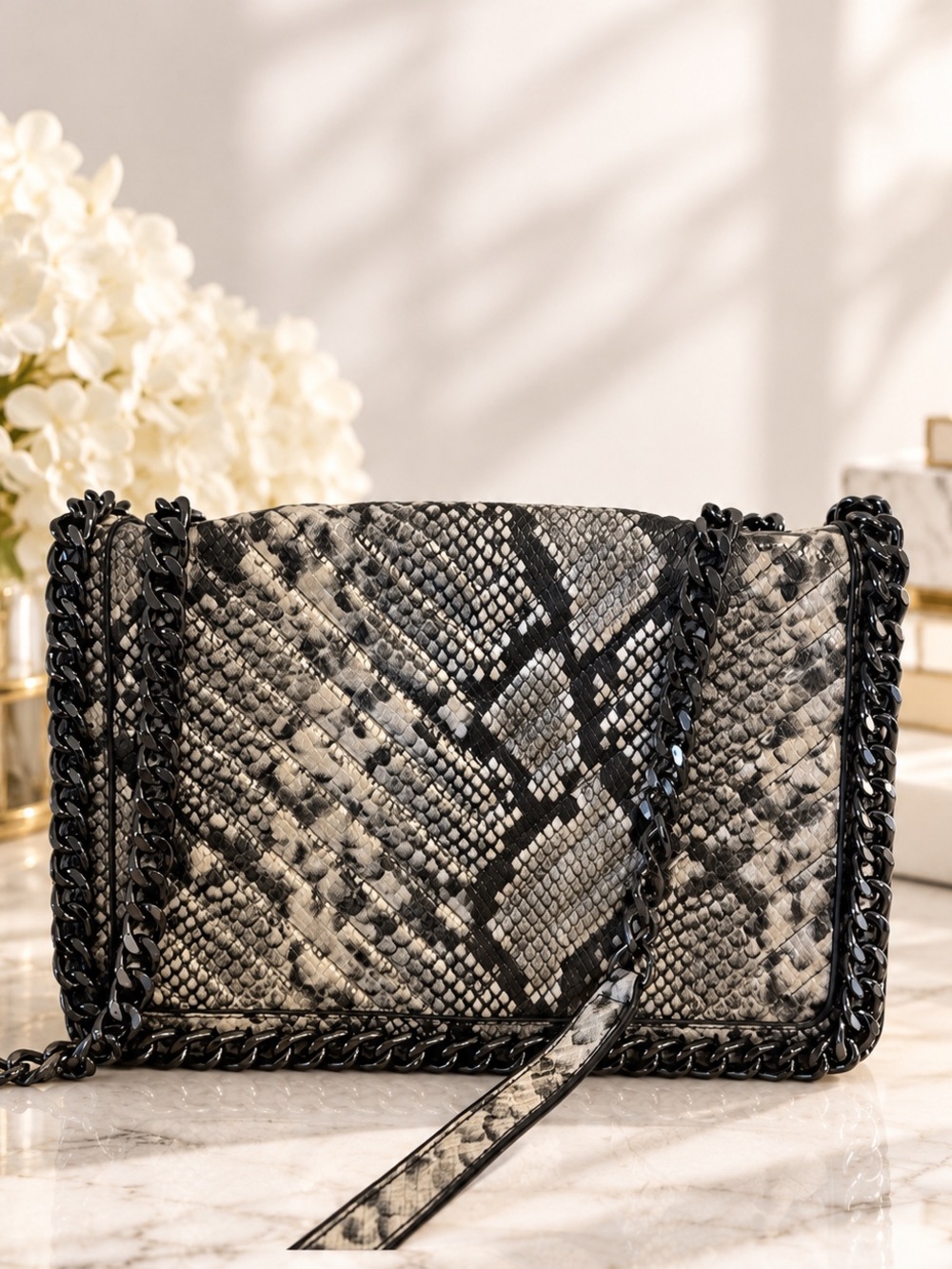 Aldo Gray Snakeskin Print Chain Trim Crossbody Shoulder Bag Gunmetal Hardware